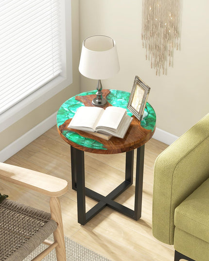 Giantex 20” Teak Wood Outdoor Side Table - Round End Table with Epoxy Resin Tabletop