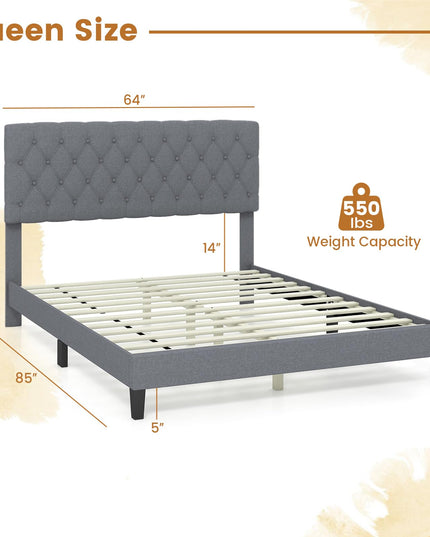 Giantex Queen Bed Frame, Upholstered Platform Bed with Button Tufted Headboard and Solid Wooden Slats Support