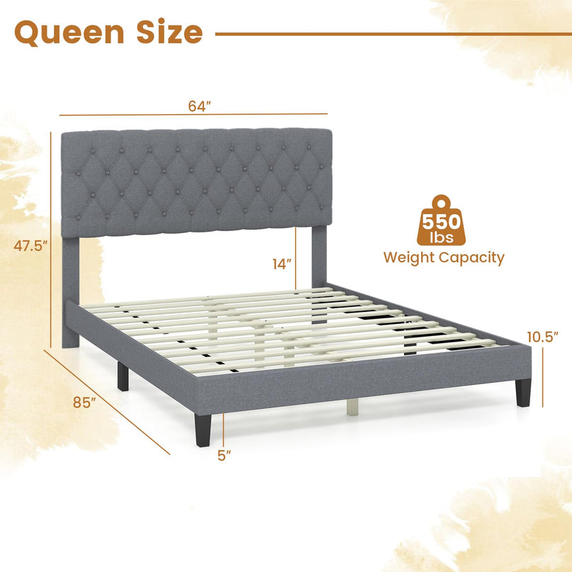 Giantex Queen Bed Frame, Upholstered Platform Bed with Button Tufted Headboard and Solid Wooden Slats Support