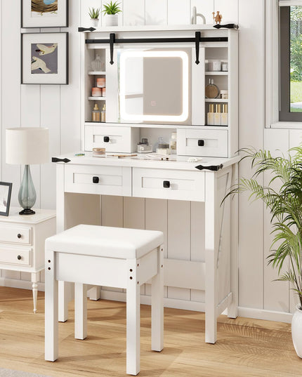 CHARMAID Farmhouse Vanity Desk with Drawers & Shelves, Rustic Vanity Dressing Table with Stool (31" Wide,White)