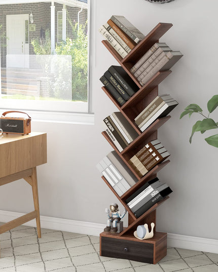 10-Tier Tree Bookshelf with Drawer, Brown - Giantex
