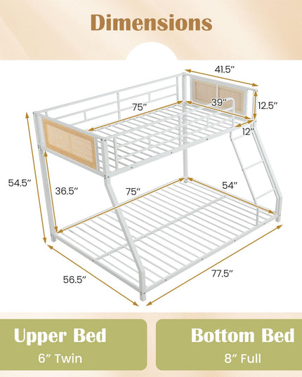 Giantex Twin Over Full Metal Bunk Bed Boho Rattan Floor Bunkbeds