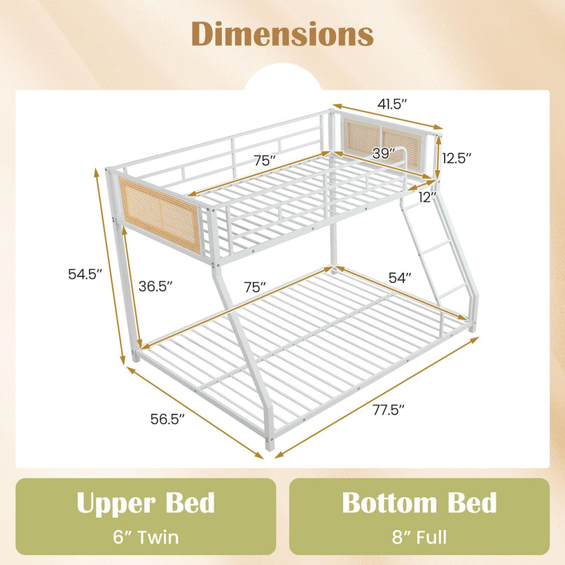 Giantex Twin Over Full Metal Bunk Bed Boho Rattan Floor Bunkbeds