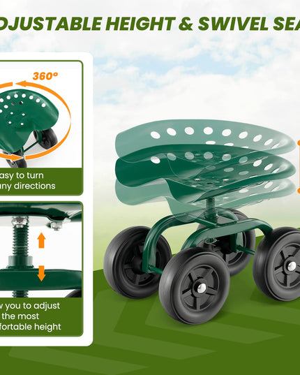 Giantex Garden Cart, Rolling Workseat with 4 Wheels, Garden Stool 360-degree Swivel Work Seat & Adjustable Heigh