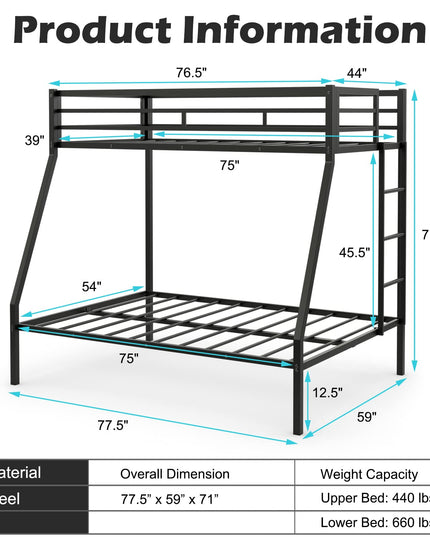 Giantex Metal Bunk Bed, Twin Over Full Size Bed w/ Removable Ladder & Steel Slats Support