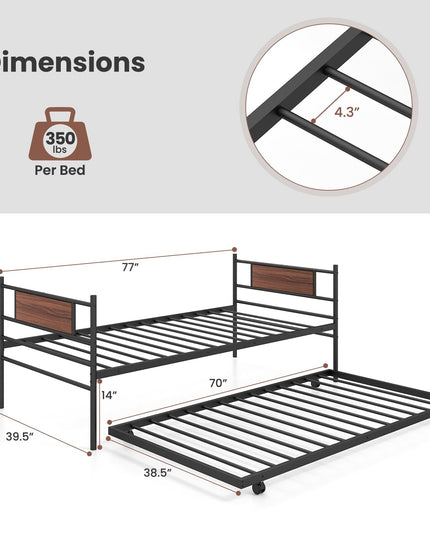 Giantex Metal Daybed with Trundle, Twin Size Day Bed with Wood Grain Headboard & Metal Slat Support