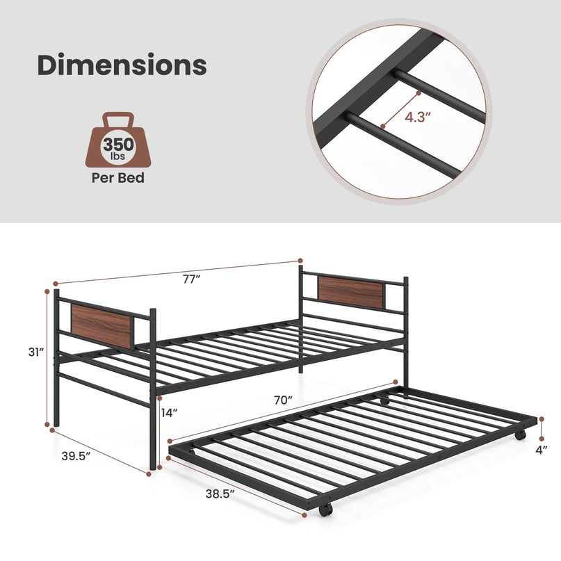 Giantex Metal Daybed with Trundle, Twin Size Day Bed with Wood Grain Headboard & Metal Slat Support
