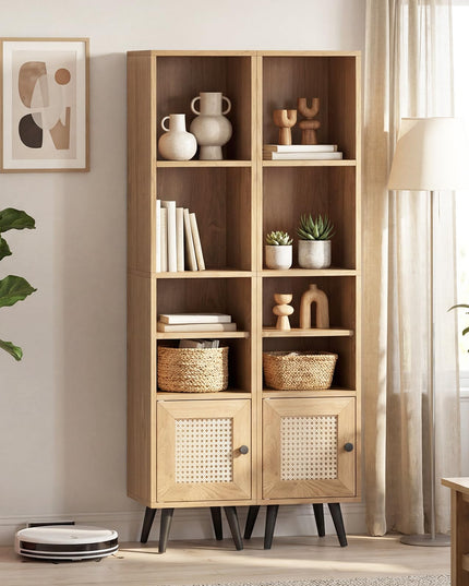 Giantex Bibliothèque Haute et Étroite à 6 Niveaux | Meuble de Rangement Mince de 137 cm avec Étagère Réglable et Porte en Rotin Style Bohème