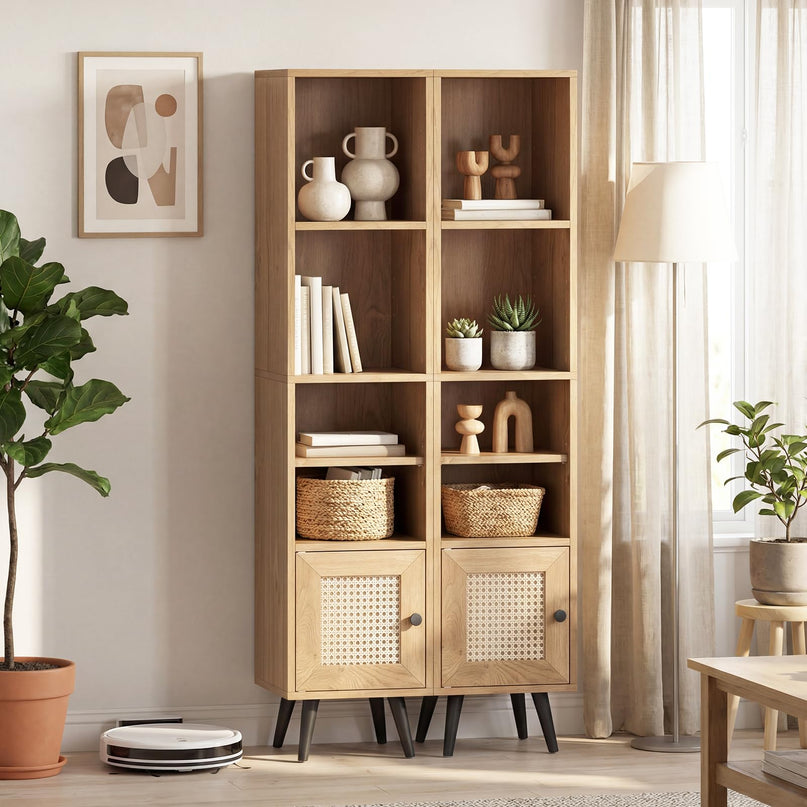 Giantex Bibliothèque Haute et Étroite à 6 Niveaux | Meuble de Rangement Mince de 137 cm avec Étagère Réglable et Porte en Rotin Style Bohème
