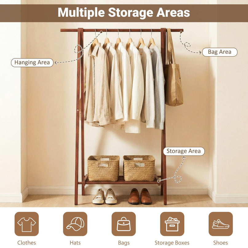 Giantex Solid Rubber Wood Clothes Hanging Stand with Storage Shelf for Garments Hats Handbags