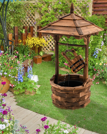 Giantex Rustic Wishing Well Fountain, Outdoor Wooden Water Fountain with Electric Pump