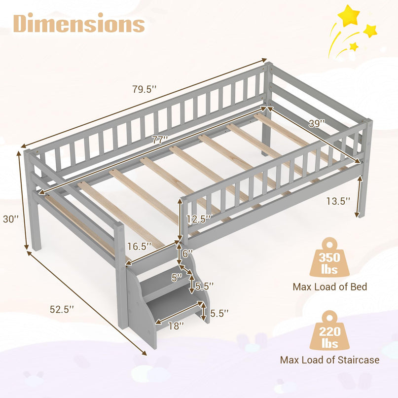 Giantex Low Profile Twin Size Platform Bed Frame with Stairs & Safety Guardrails