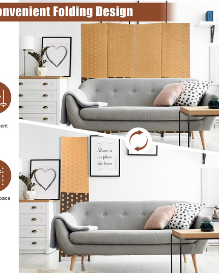Giantex 4 Panel Room Divider, 6 Ft Tall Handmade Rattan Room Dividers, Portable Wood Room Separators Divider