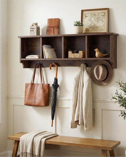 Giantex Wall Mounted Coat Rack 28.5'' Wooden Floating Shelf with 4 Cubbies & 5 Double Hooks