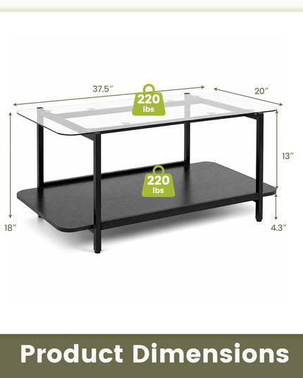 GIANTEX 37.5" Glass Coffee Table | 2-Tier Center Table with Storage