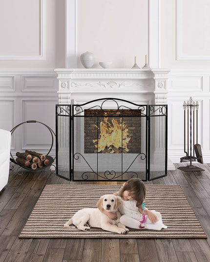 Giantex Foldable 3-Panel Fireplace Screen Black - 50x29 Inch No Assembly Required Freestanding Steel Mesh Fire Screen