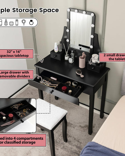 CHARMAID Makeup Vanity Desk with Lighted Mirror, 3 Color Lighting Modes, Adjustable Brightness, 3 Drawers