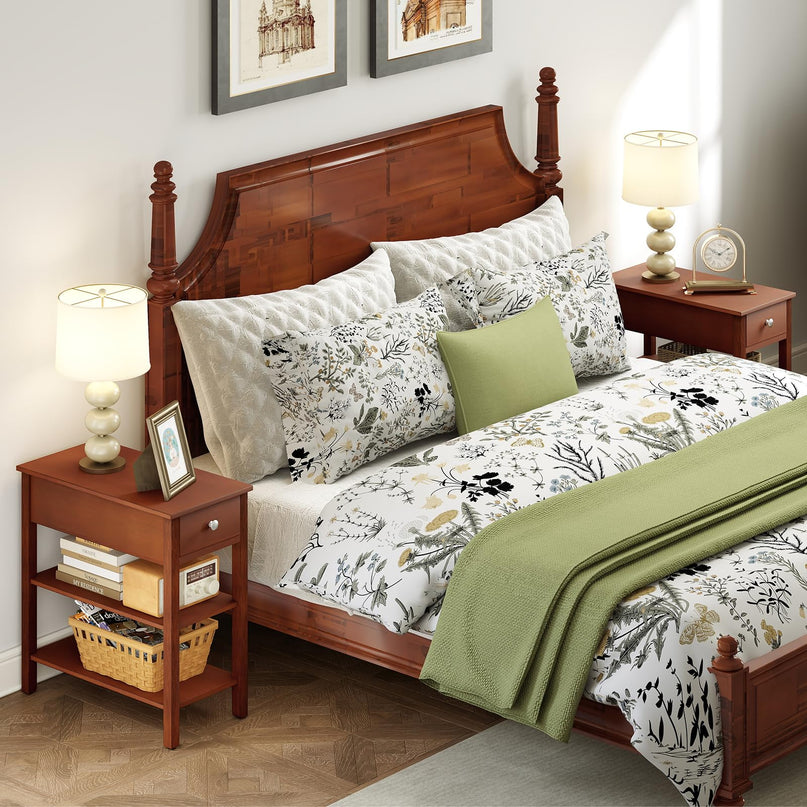 Ginatex Narrow Side Table Set of 2, Small End Tables with Drawer & Open Storage Shelves