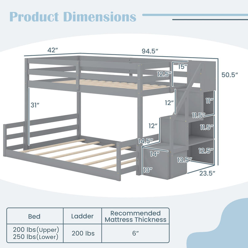 Giantex Bunk Bed with Stairs with Storage Staircase & Full-Length Guardrails