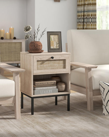 Giantex Rattan Nightstand with Drawer, Boho Side Table with 4 Metal Legs and Open Storage Shelf