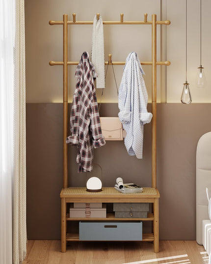 Giantex Portemanteau en rotin PE avec banc et rangement à chaussures pour entrée ou salon