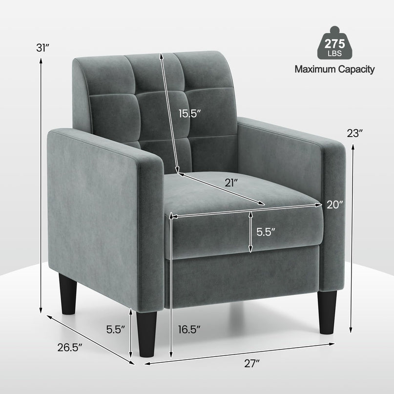 Giantex Modern Velvet Accent Chair Set, Upholstered Comfy Armchair with Tufted Back, Arms, Mid Century Single Sofa Side Chair