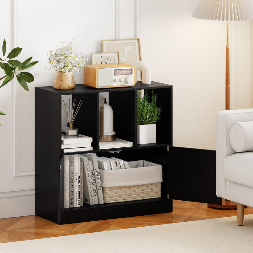 Giantex 3-Cube Bookcase with Doors 3-Tier Cubic Bookshelf with Open Compartments and Cabinet