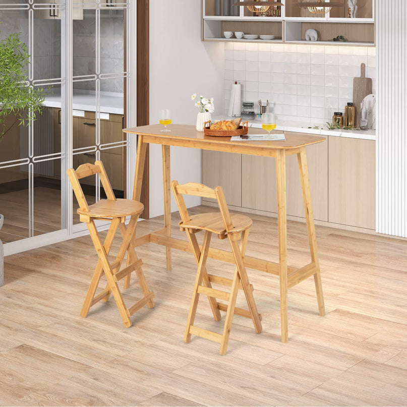 Folding Bamboo Bar Stools 24” Kitchen Counter Height Stool with Backrest & Footrest