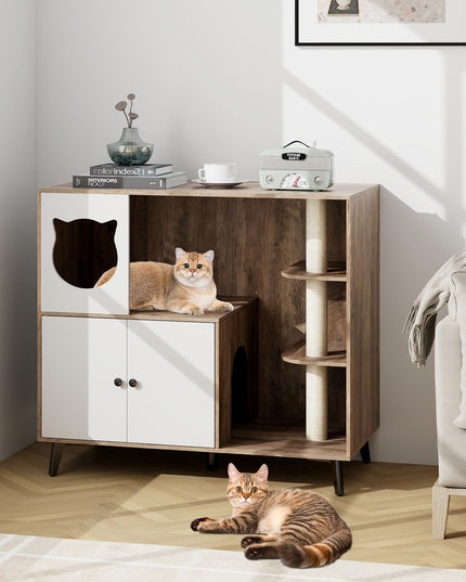 Giantex Cat Litter Box Enclosure - Wooden Cat House Washroom Hidden Furniture with Cat Tree