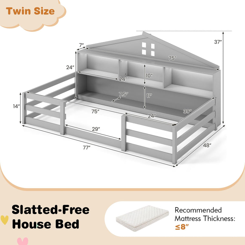 Giantex Twin/Full Size Montessori Wooden Floor Bed with LED Lights