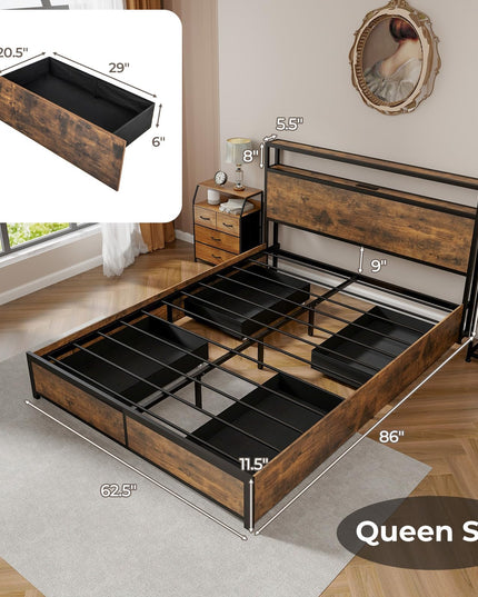 Giantex Queen/Full Bed Frame with LED Lights Headboard and 4 Storage Drawers
