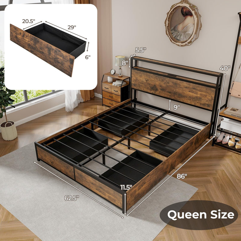 Giantex Queen/Full Bed Frame with LED Lights Headboard and 4 Storage Drawers