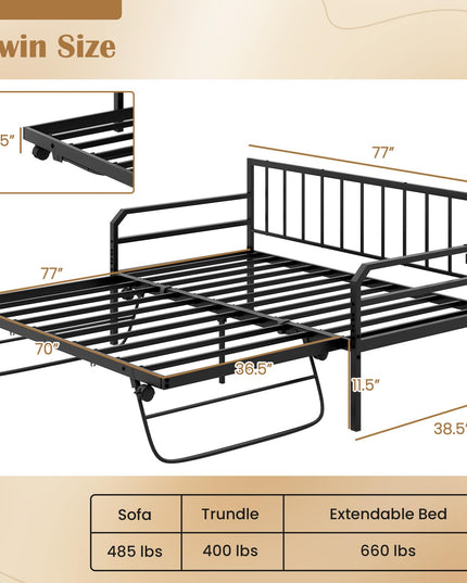 Giantex Twin Daybed with Trundle, Twin Bed Frame with Charging Station & LED Lights, Metal Trundle Bed Twin w/Steel Slats Support