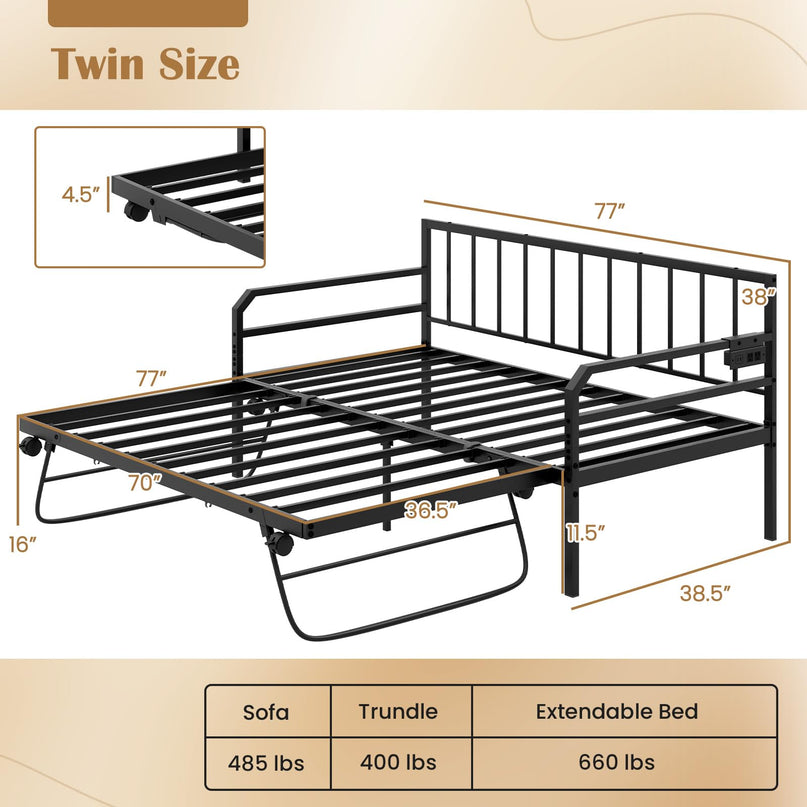 Giantex Twin Daybed with Trundle, Twin Bed Frame with Charging Station & LED Lights, Metal Trundle Bed Twin w/Steel Slats Support