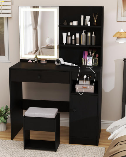 CHARMAID Vanity Desk with Charging Station and Storage Stool for Bedroom