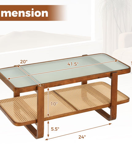 Giantex Rattan Coffee Table with Tempered Glass Top and Storage Shelf