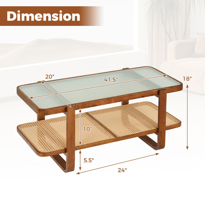 Giantex Rattan Coffee Table with Tempered Glass Top and Storage Shelf