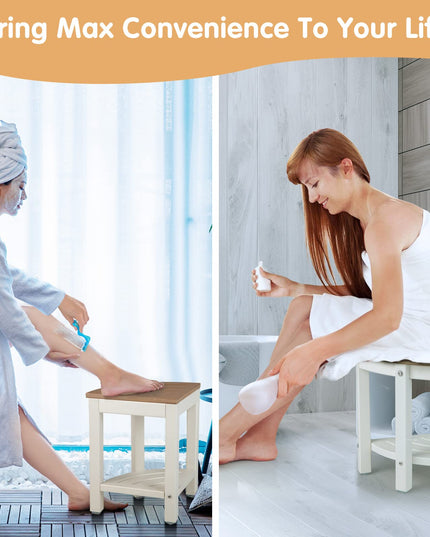 Giantex Corner Shower Stool Waterproof - HDPE Shower Bench Seat with Storage Shelf