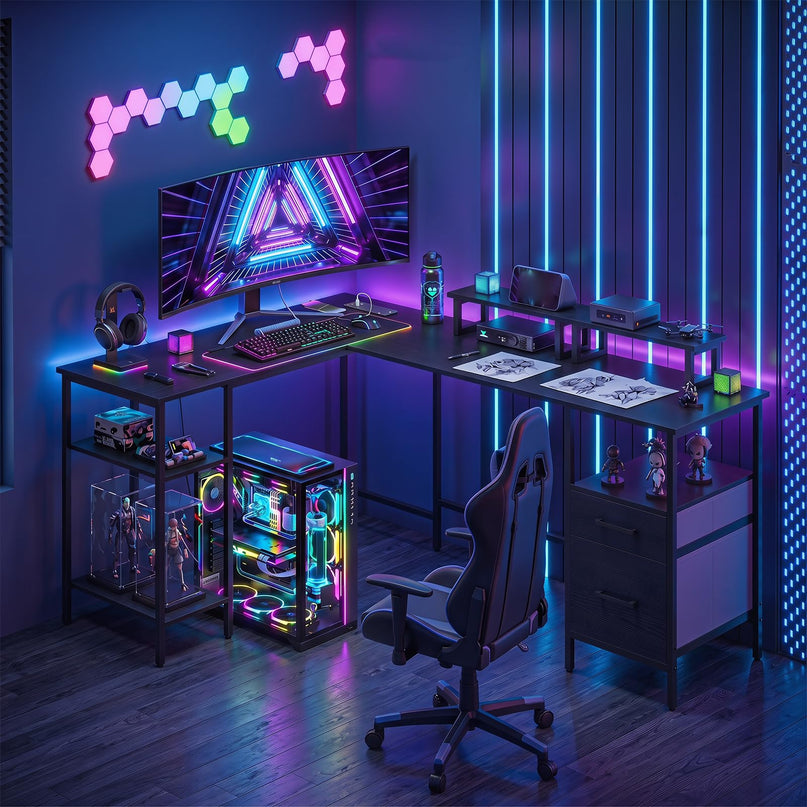 Giantex 63" Reversible L Shaped Desk with Charging Station