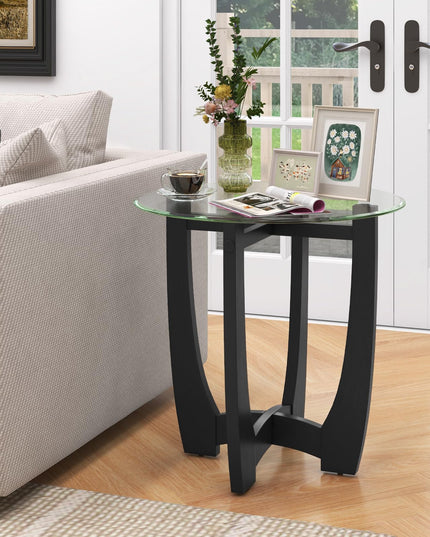 Giantex Glass End Table, Round Side Table with Rubber Wood Frame & Tempered Glass Top, 23.5" Small Black Coffee Table