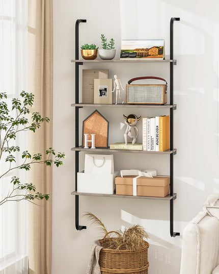 Giantex 4-Tier Industrial Bookshelf, Wall Mounted Pipe Shelving Unit, Floating Shelves with Metal Frame