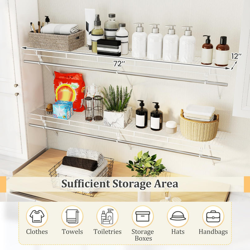 Giantex Closet Shelf with Hanging Rod 4/6 ft Wall Mounted Wire Shelving Kit