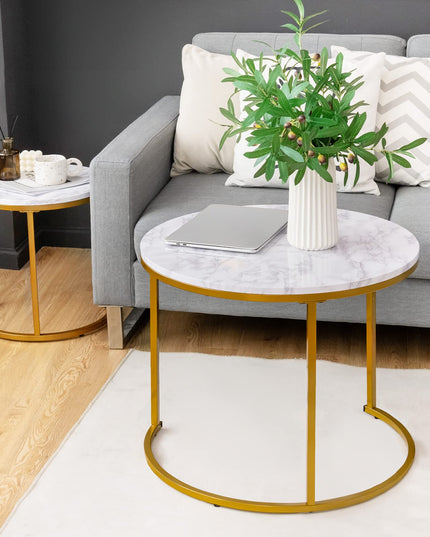 Giantex Nesting Coffee Table Set of 2, Round Stacking Side Tables with Wooden Tabletop & Powder Coated Steel Frame
