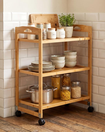Giantex 3-Tier Rolling Storage Cart | Bamboo Utility Cart w/ 3 Side Hooks & Adjustable Shelves
