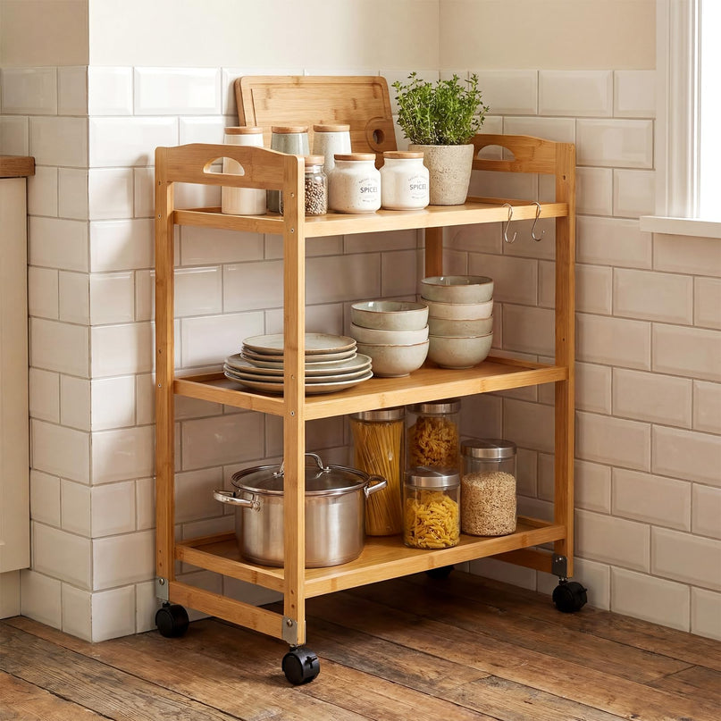 Giantex 3-Tier Rolling Storage Cart | Bamboo Utility Cart w/ 3 Side Hooks & Adjustable Shelves