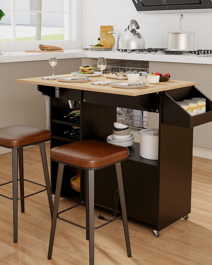 Giantex Rolling Kitchen Island Cart with Drop Leaf, Power Outlet, Spice Rack, 12 Wine Rack
