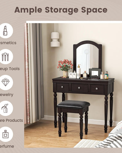 CHARMAID Makeup Vanity Desk with Mirror and Stool, Vanity Table Set with Large Mirror, 3 Drawers, Cushioned Stool