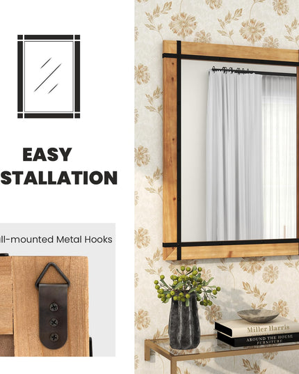 CHARMAID Wall Mirror, Farmhouse Vanity Mirror with Solid Wood Frame, Hanging Hooks