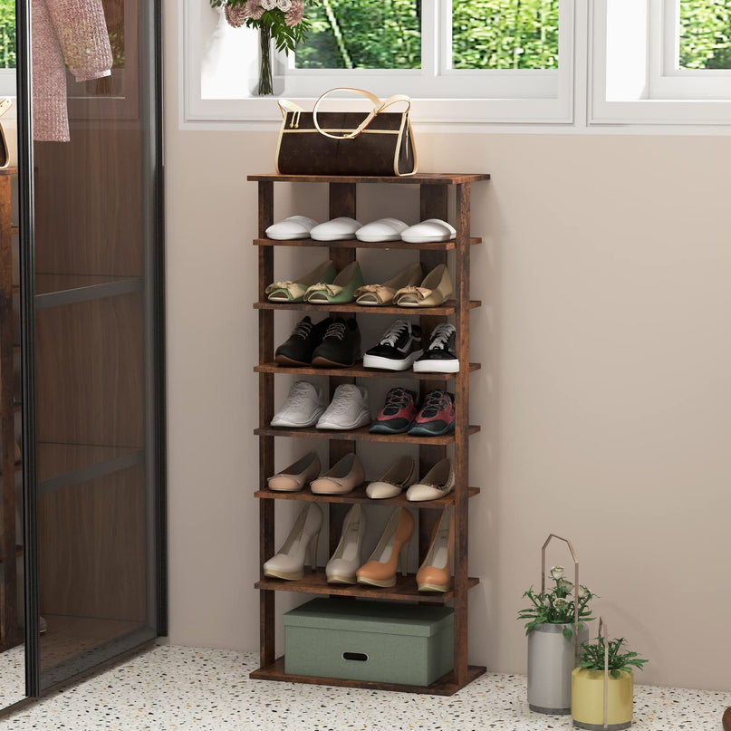 Giantex 7-Tier Wooden Shoe Rack, Double Row Shoe Organizer for 14 Pairs, Customizable Height