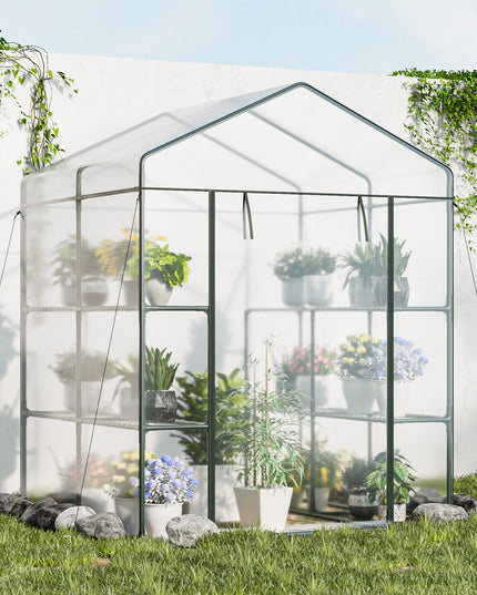 Giantex Walk-in Greenhouse w/ 3 Tiers 4 Shelves, 4 Ground Stakes & Ropes, PVC Cover